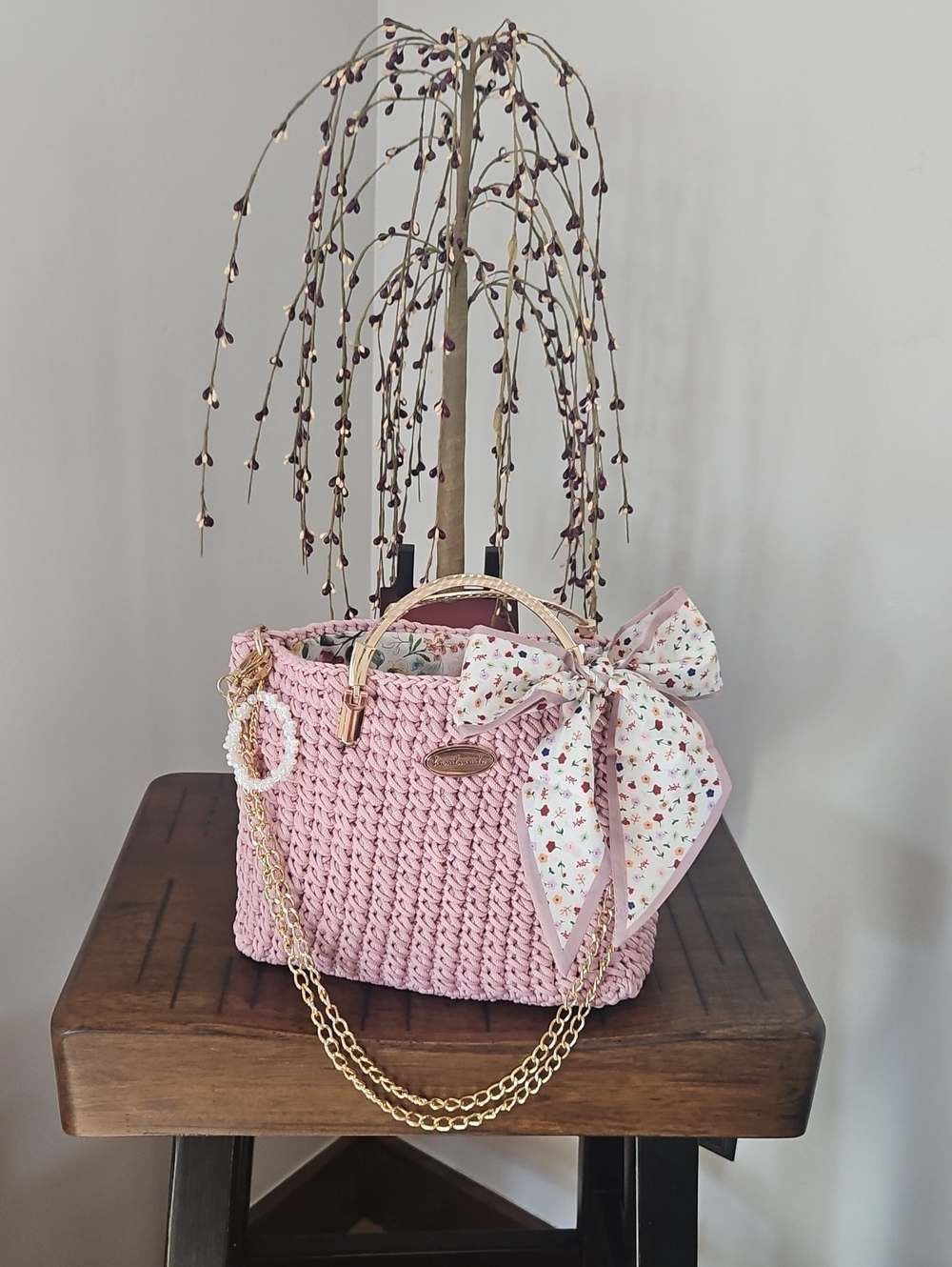 Pink Hand Crocheted By Me Shoulder Bag with Bow Accent